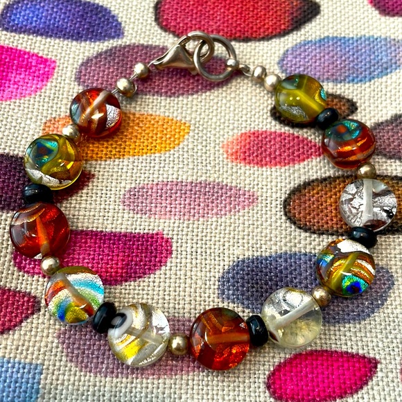 Murano  glass beads w aventurine/dichroic glass bead bracelet  925 clasp. - Picture 1 of 2